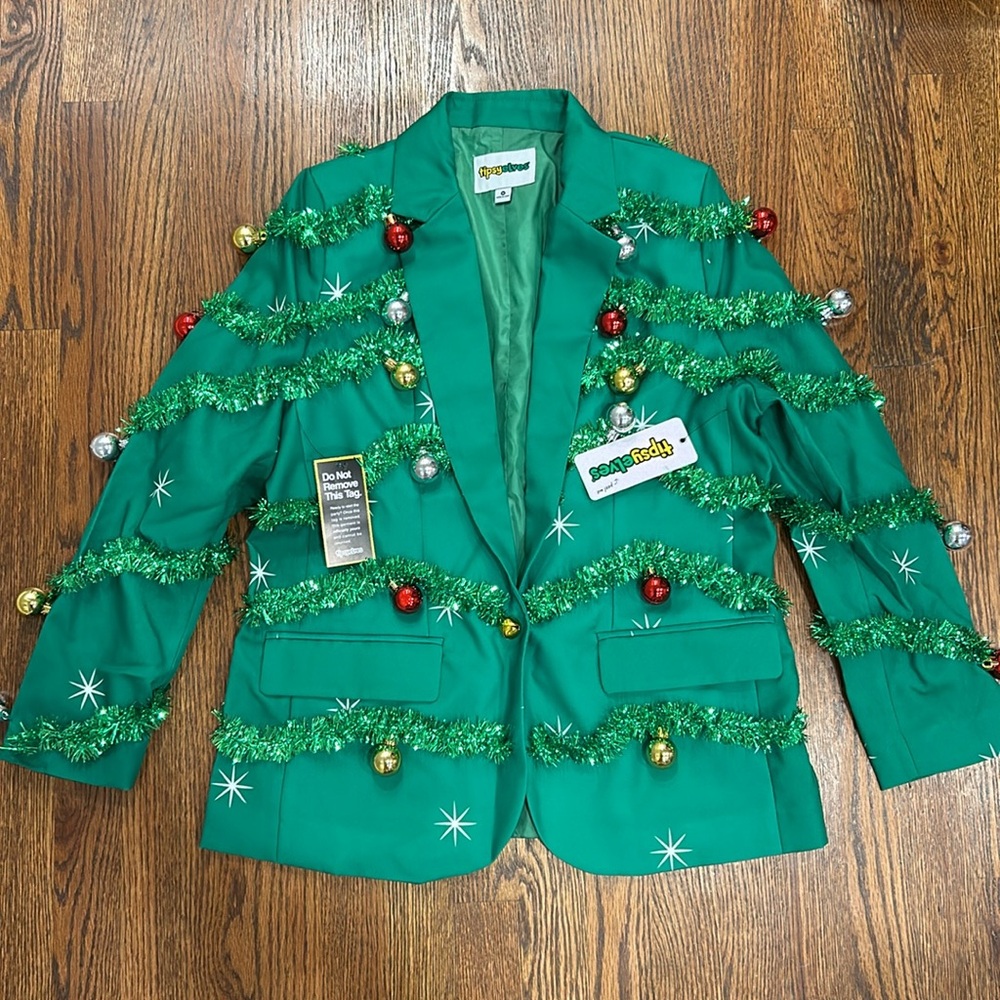 TIPSY ELVES Women’s Gaudy Ornament Green Garland Christmas party Blazer Sz M NWT